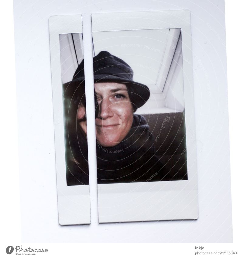 Selbstportrait | polaroid Frau Erwachsene Leben Gesicht 1 Mensch 30-45 Jahre Hut Lächeln außergewöhnlich Freundlichkeit Bild-im-Bild geschnitten geteilt