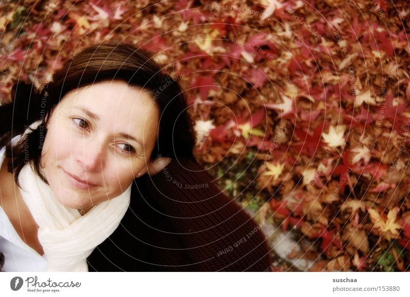 draussen mit s.... Frau Gesicht schön lachen Glück Gesichtsausdruck Schal Blatt Herbst kalt Jahreszeiten Porträt Außenaufnahme