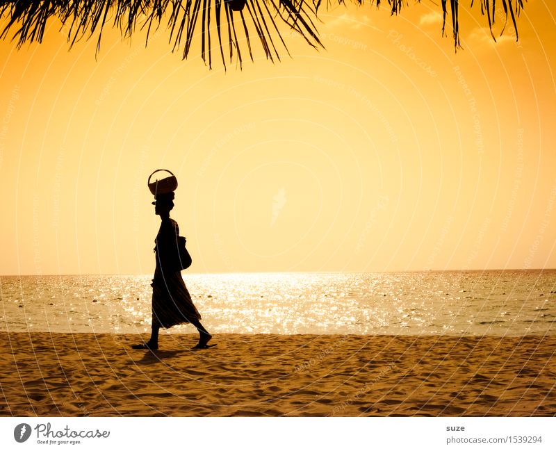 Kopfarbeit exotisch Meer Arbeit & Erwerbstätigkeit Mensch feminin Junge Frau Jugendliche Erwachsene Sand Wolkenloser Himmel Wärme Küste Strand tragen Armut gelb