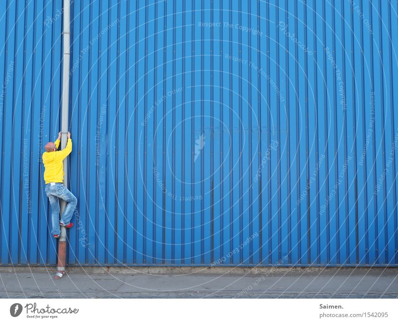 vertikalperspektive Mensch Mann Erwachsene Körper 1 30-45 Jahre Industrieanlage Mauer Wand Fassade sportlich Klettern gelb blau Regenrohr Asphalt Blech