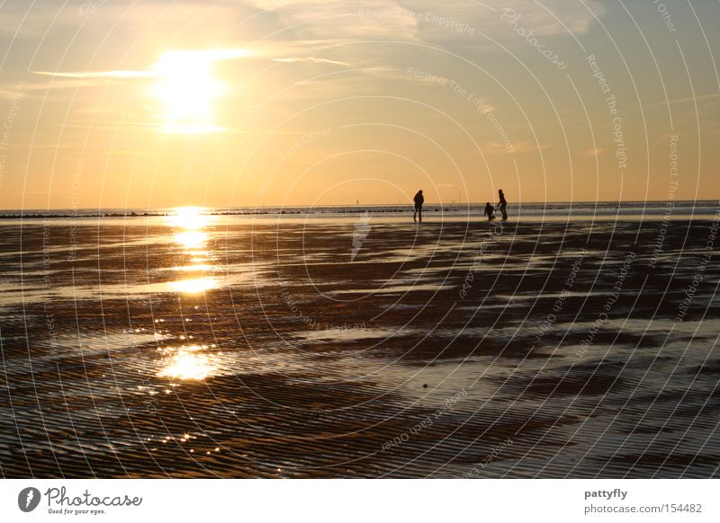 Watt machen die denn da? Sonnenuntergang Licht Meer Nordsee Mensch Familie & Verwandtschaft Spaziergang kalt Reflexion & Spiegelung Schatten Strand Küste