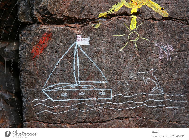 Spieltrieb | Geschichten vom Wasser Kunst Maler Kunstwerk Gemälde Zeichnung Bild Sonne Schönes Wetter Felsen Wellen Meer Segelboot Delphine 1 Tier Freude
