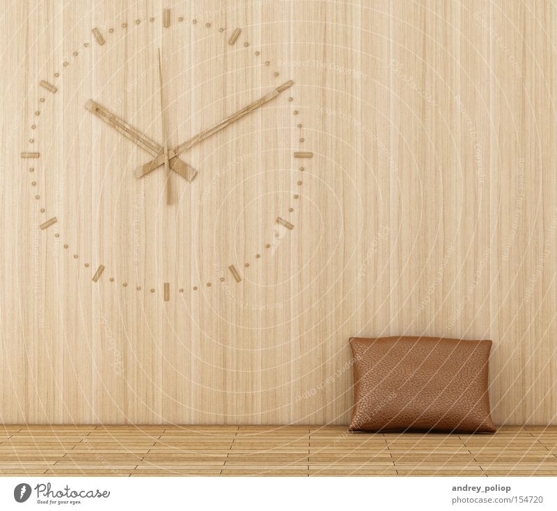 Holzuhr auf einer Holzwand Innenarchitektur Uhr retro klassisch Chrom Mehl Kissen Raum Design braun Haut modern Benz Termin & Datum