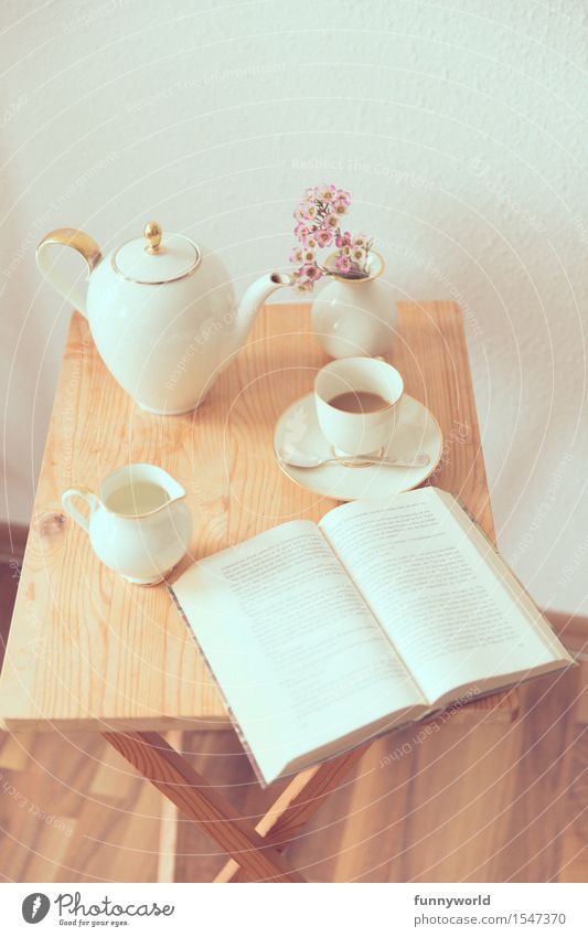 Auszeit Kaffee lesen Tisch Buch aufgeschlagen Kaffeetasse Kaffeekanne wohnlich Dekoration & Verzierung Pause Kannen Nachmittag Feierabend Geschirr alt Farbfoto