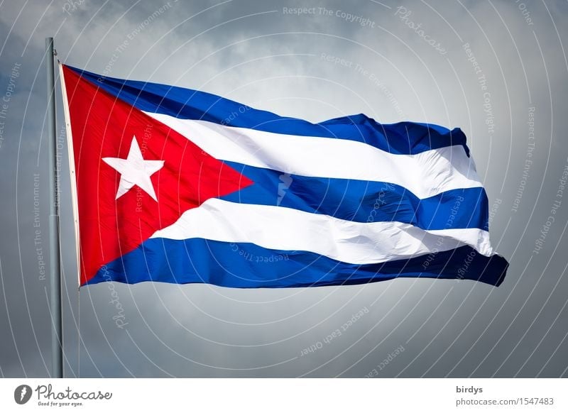 Wehende Nationalflagge von Kuba vor Wolkenverhangenem Himmel Fahne Patriotismus Wind leuchten ästhetisch authentisch positiv blau rot kubanische Flagge weiß