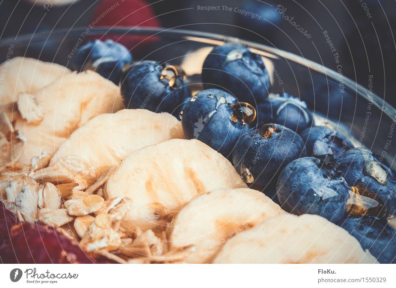 Müsli, Früchte und Honig Lebensmittel Frucht Getreide Ernährung Frühstück frisch lecker süß blau gelb Fitness Blaubeeren Banane Haferflocken Glas