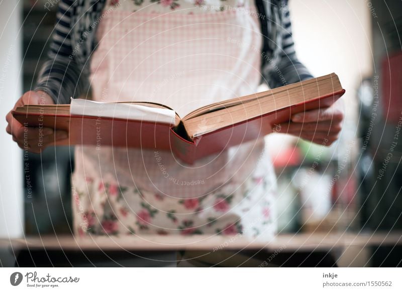 Das Backbuch. Ernährung Kochbuch Lifestyle Freizeit & Hobby Frau Erwachsene Leben Körper Hand 1 Mensch Schürze Buch lesen Hausfrau Rezept Mutter Klischee