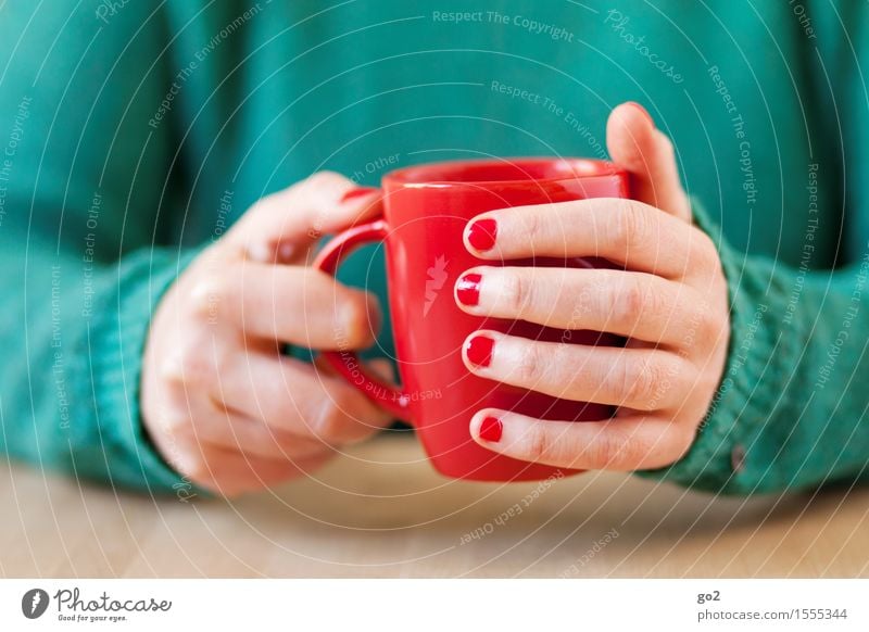 Rote Tasse Kaffeetrinken Getränk Heißgetränk Tee Becher Lifestyle Körperpflege Maniküre Nagellack Häusliches Leben Tisch Mensch feminin Frau Erwachsene Hand