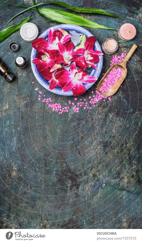 Spa Zubehör mit Wasserschale und Orchidee Stil Design Wellness Wohlgefühl Zufriedenheit Erholung ruhig Meditation Duft Kur Massage Wohnung Natur Pflanze rosa