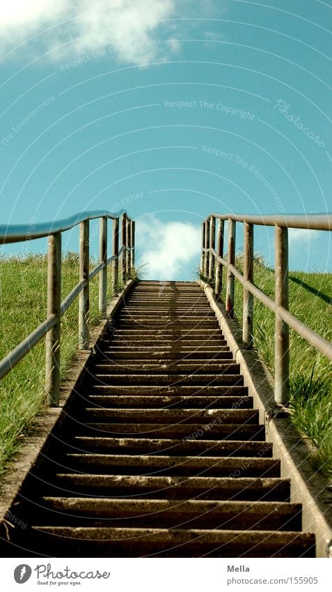 Nach oben geht's! Treppe hoch aufwärts Himmel Wolken blau Deich Gras grün abwärts Geländer Treppengeländer Verkehrswege Stairway to heaven Außenaufnahme