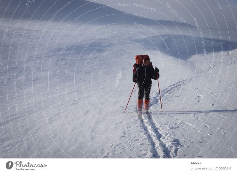 Junge Skifahrerin in winterlicher Berglandschaft mit großem Rucksack in orangenen Farben Abenteuer Ferne Freiheit Schnee Winterurlaub Skifahren feminin 1 Mensch