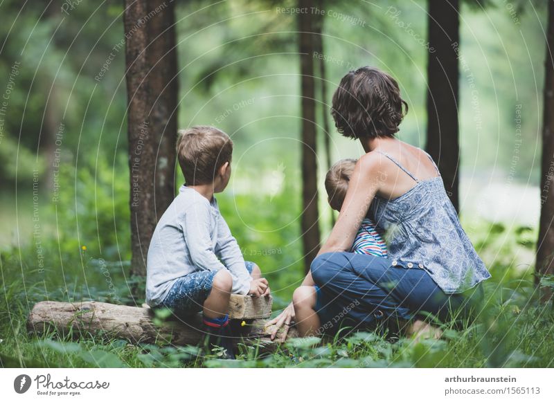 Junge Familie beobachtet im Wald Freizeit & Hobby Tourismus Ausflug Camping Sommer Kindererziehung Kindergarten Mensch maskulin feminin Junge Frau Jugendliche