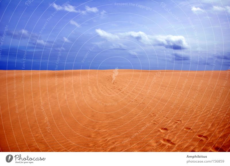 Spuren im Sand Wüste Himmel Wolken Einsamkeit blau gelb