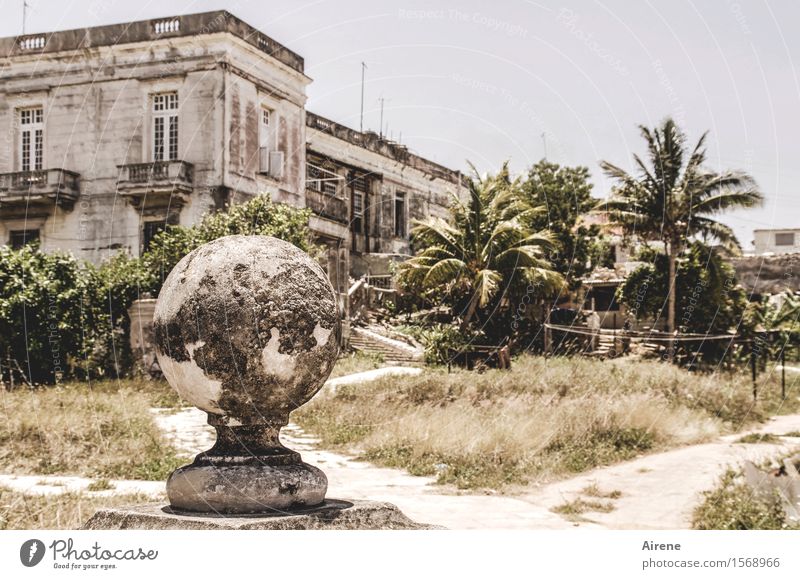 graue Welt exotisch Palme Park Havanna Kuba Traumhaus Ruine Gutshaus Villa Garten Staub Stein Sand Kugel Globus Erde alt groß hell trist trocken braun