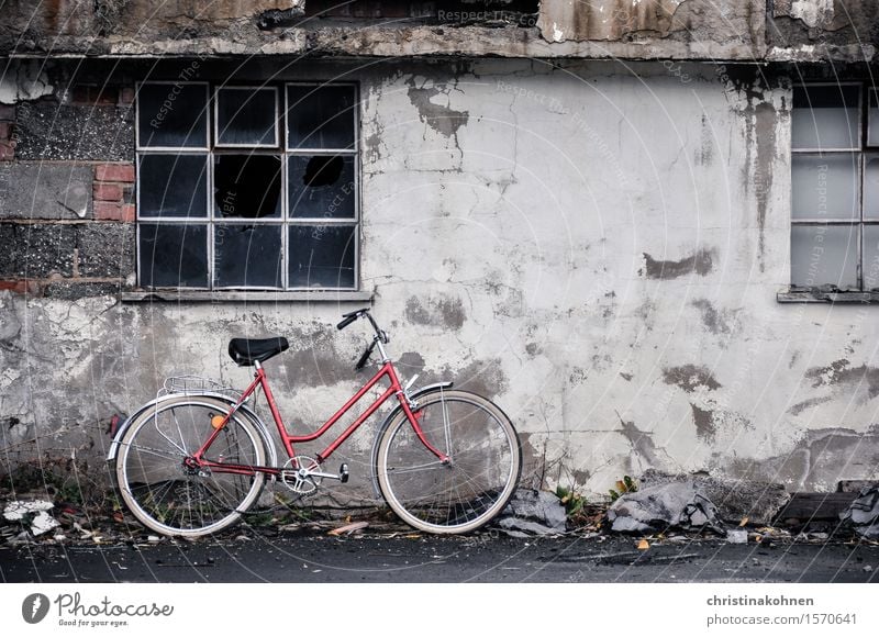 Rotes Fahrrad, graue Wand. Trist und kaputt. Damenfahrrad Hollandrad Industrieanlage Mauer Fenster Fahrradfahren Stein Beton Glas Metall Rost alt Armut dreckig