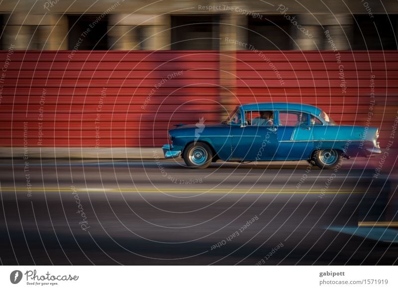 Havanna, Malecón Kuba Stadt Hauptstadt Altstadt Bauwerk Fassade Verkehr Verkehrsmittel Autofahren Straße Fahrzeug PKW Oldtimer Fröhlichkeit retro blau rot