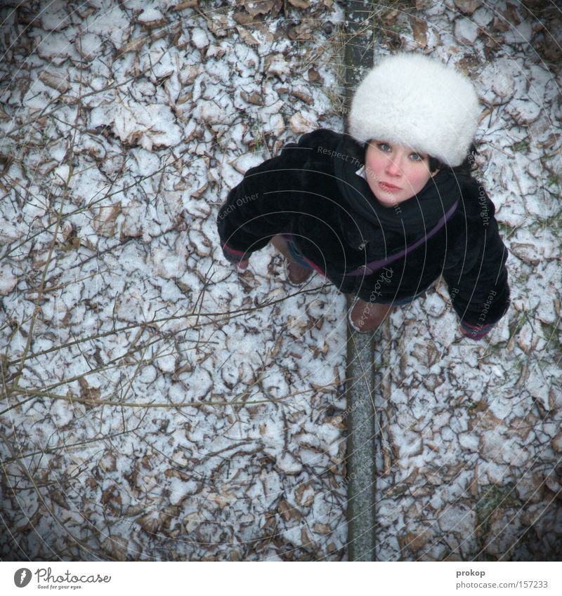 Überblicklich Frau Pelzmütze Winter Schnee Blatt Natur Porträt oben Vogelperspektive klein Einsamkeit hilflos gehen verirrt Trauer Verzweiflung