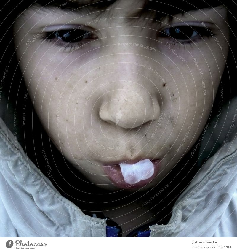 Kau den Gummi Kind Junge Kaugummi Gesicht Nase Ernährung Zähne Zahnarzt Blase Zunge Langeweile knatschen Juttaschnecke Kindheit Jugendliche