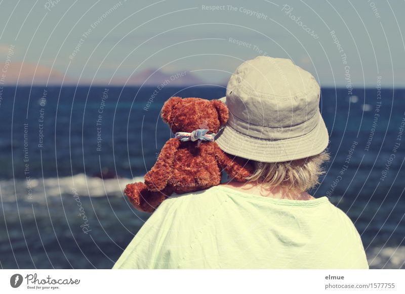 Teddy Per macht Urlaub (6) Frau Erwachsene 1 Mensch Himmel Küste Meer Horizont Spielzeug Teddybär Stofftiere Hut beobachten Erholung festhalten Kommunizieren