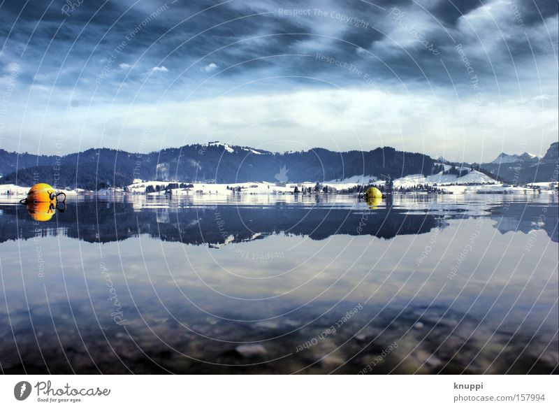Winterwundersee Schnee Berge u. Gebirge Landschaft Wasser Himmel Wolken Hügel Alpen See kalt blau Boje Schweiz Farbfoto mehrfarbig Menschenleer