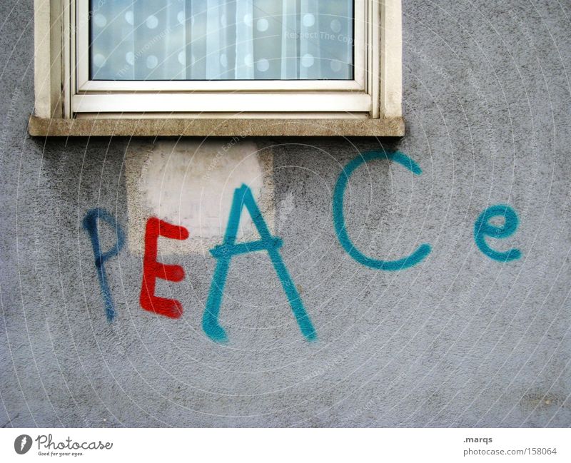 P E A C e Farbfoto Außenaufnahme Totale Stil harmonisch Fassade Fenster Schriftzeichen Graffiti frei mehrfarbig Toleranz Weisheit Zufriedenheit Frieden Krieg