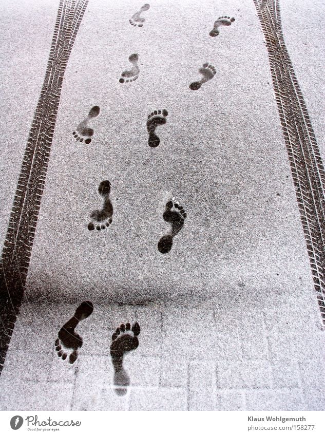 Spuren nackter Füße zwischen Reifenabdrücken im frischen Schnee Winter Fuß Reifenprofil Mensch schreiten kalt Fußspur schwarz weiß Kontrast laufen frieren