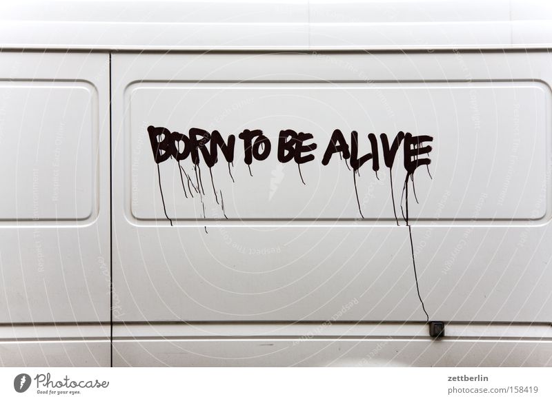 born to be alive Schriftzeichen Aufschrift Typographie Buchstaben Vandalismus Graffiti Beschriftung beschriften beschmiert KFZ Bus Schiebetür PKW