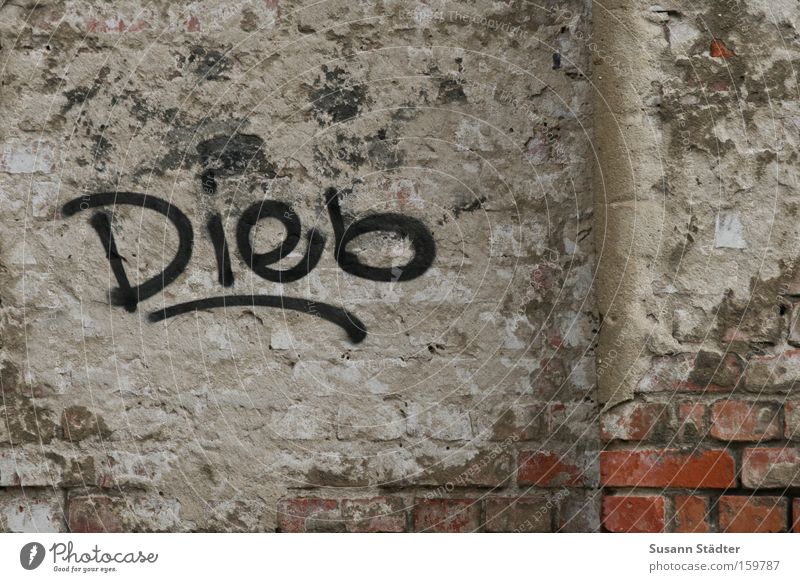 HALTET DEN ...... entwenden Wand Gemälde streichen sprühen dreckig Putz Backstein alt verfallen Gebäude Schriftzeichen Schriftstück Logo gefährlich Angst