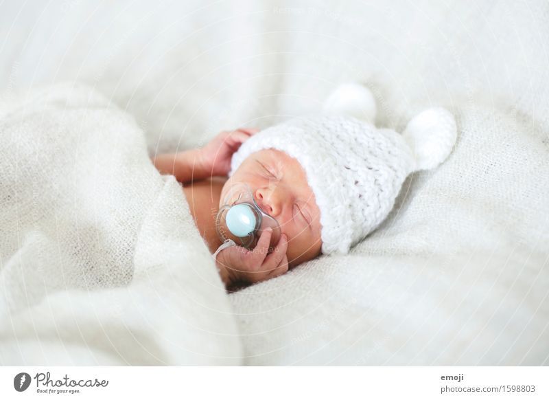 eingekuschelt Baby Kopf 1 Mensch 0-12 Monate Schnuller Mütze kuschlig klein weiß schlafen Bett Farbfoto Innenaufnahme Hintergrund neutral Tag