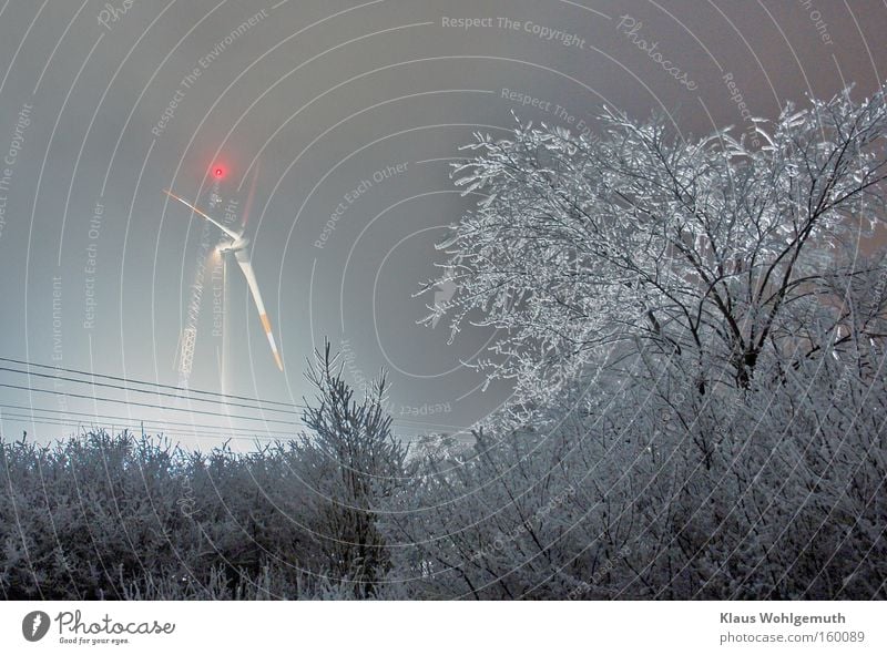 Windradmontage bei Nacht und strengem Frost. Ein Kran im Hintergrund und Rauhreif auf Baum und Strauch Winter Schnee Lampe Arbeit & Erwerbstätigkeit Baustelle