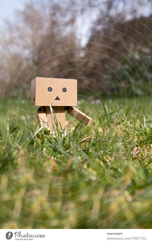 Kleiner Roboter auf der Wiese Sommer Sonne danboard klein maskulin Figur Leben genießen Dinge Gänseblümchen Gesicht Pflanze Rasen Natur natürlich Spaziergang