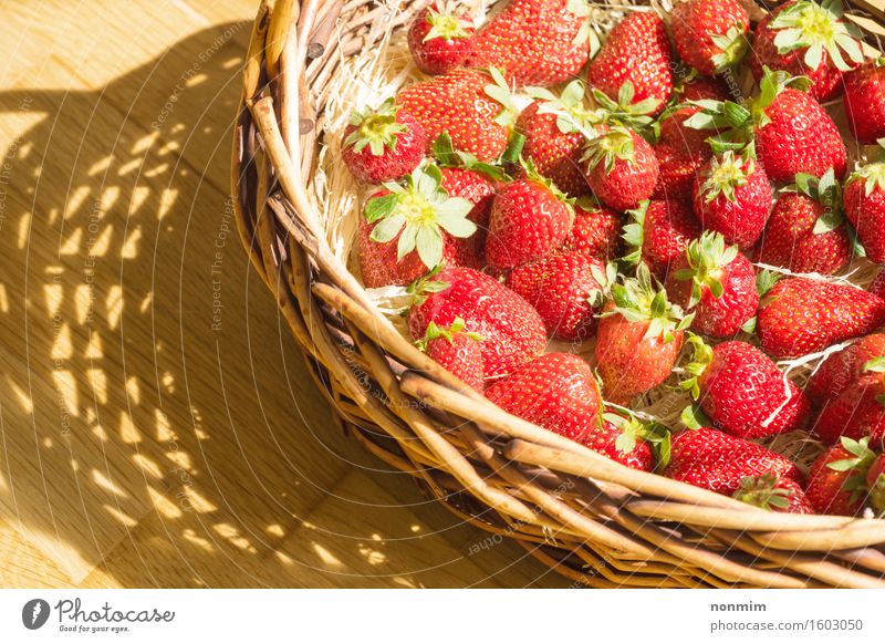 Korb mit Erdbeere auf Tabelle, sonniger Schatten Frucht Essen Diät Gesunde Ernährung Sommer Natur Pflanze Blatt Container frisch hell klein grün rot weiß