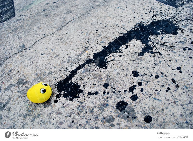 kotzbrocken Comic Figur gelb spucken schwarz grau Übelkeit Auge Luftballon Fleck Tropfen Teer Straße Straßenkunst Freude reiern Erbrechen