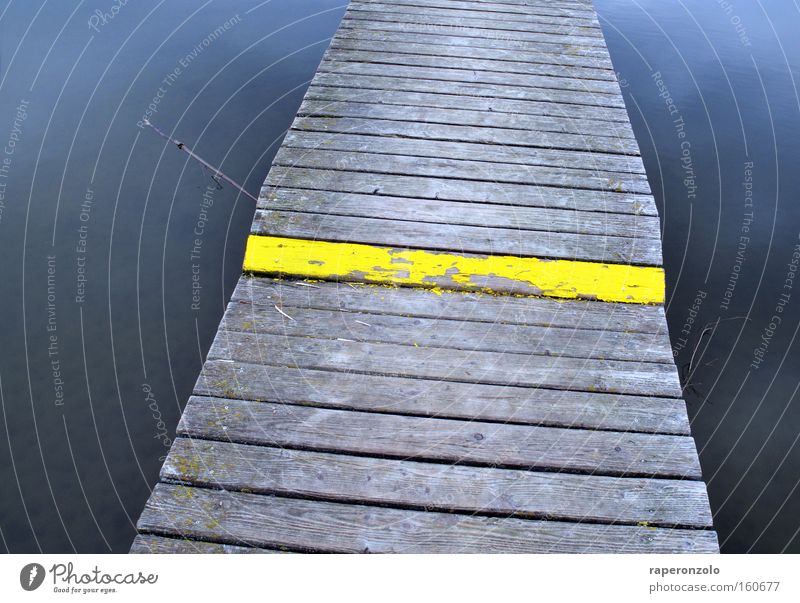 Mind the step! Wasser See Brücke gelb gefährlich Warnhinweis Steg Niveau vorwärts ungewiss Holzweg Risiko Holzleiste grau Farbfoto Außenaufnahme