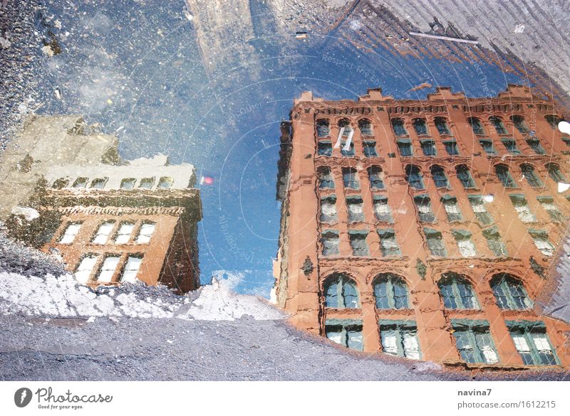 New York brownstone New York City Altstadt Menschenleer Fassade alt Neugier Spiegelbild Pfütze Regen Fenster Farbfoto Außenaufnahme Tag