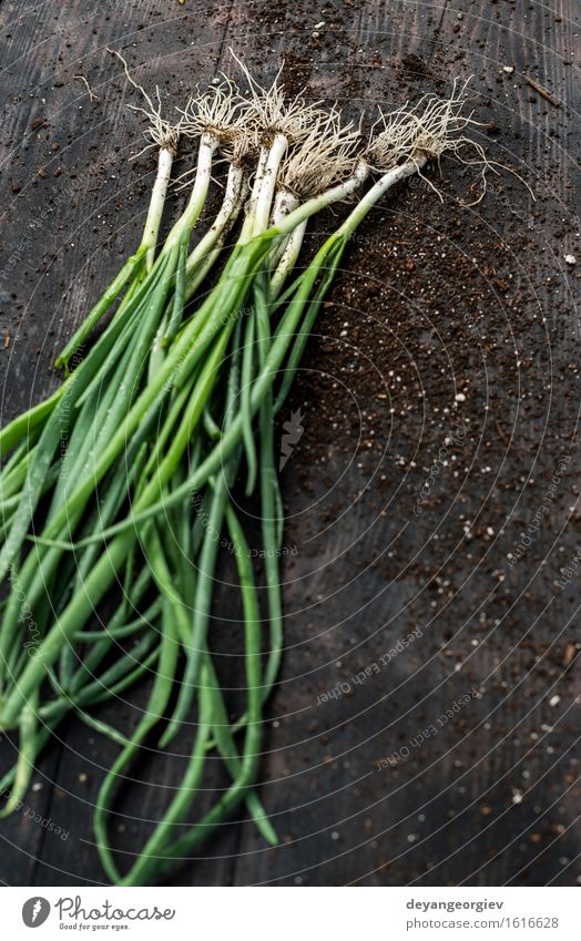 Frische Zwiebeln auf dunklem Holztisch Gemüse Ernährung Diät Koch Menschengruppe Natur Pflanze frisch grün weiß Zutaten organisch Salatbeilage roh Nahaufnahme