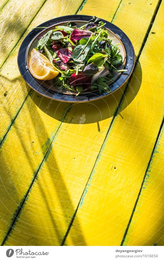 Frühlingssalat von Baby Spinat, Kräuter, Rucola Gemüse Kräuter & Gewürze Essen Vegetarische Ernährung Diät Teller Sommer Garten Blatt Holz frisch grün weiß