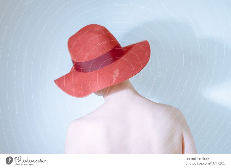 Migräne trägt rot II elegant Stil schön Körper Haut feminin Kopf Rücken 1 Mensch Hut stehen warten ästhetisch nackt Traurigkeit Enttäuschung Schüchternheit