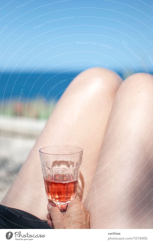 Könnte schlimmer kommen ... Weiblicher Senior 60+ Frau Beine Wein Glas Alkohol Mittelmeer Haut nackt Weiblicher Akt Schwache Tiefenschärfe Unschärfe Horizont