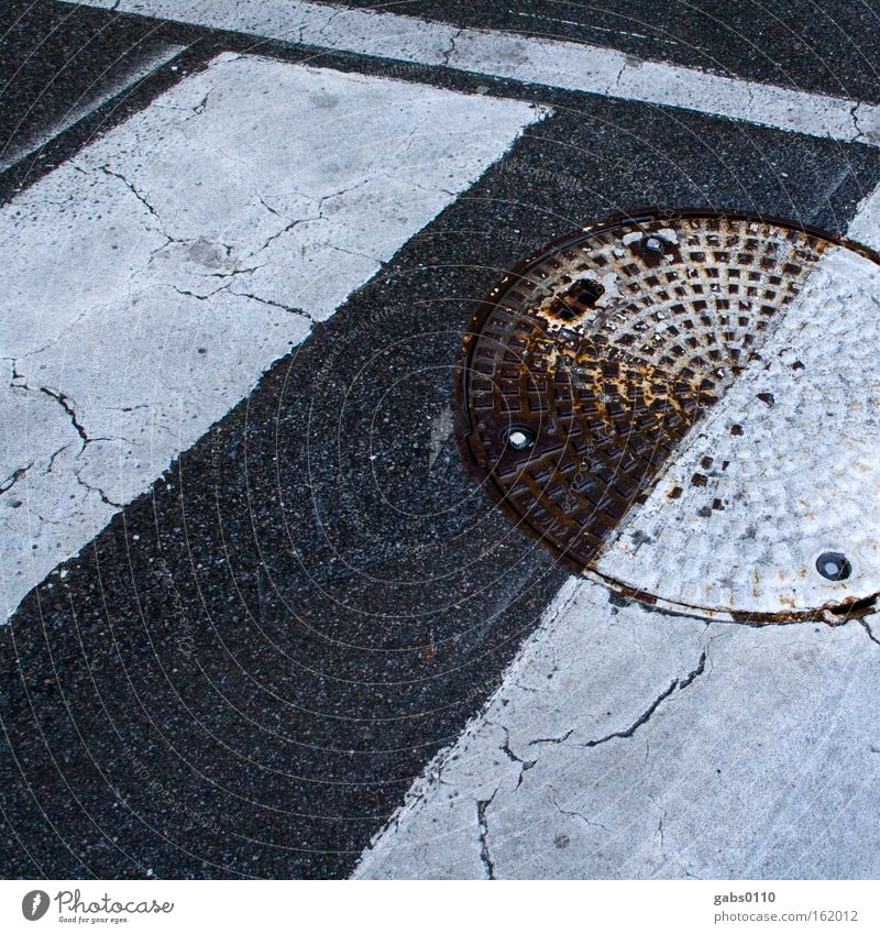 yin-yang Gully Zebrastreifen Yin und Yang Straße Kanal Untergrund Hälfte Streifen Kontrast Fußgänger Übergang Schwarzweißfoto nass Straßennamenschild