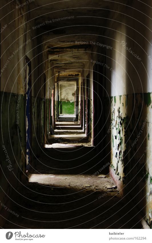 Grün am Ende des Tunnels Licht Schatten Ruine blau grün Einsamkeit Angst Verfall Vergänglichkeit Flur Gang Militärgebäude verfallen Panik Rote Armee