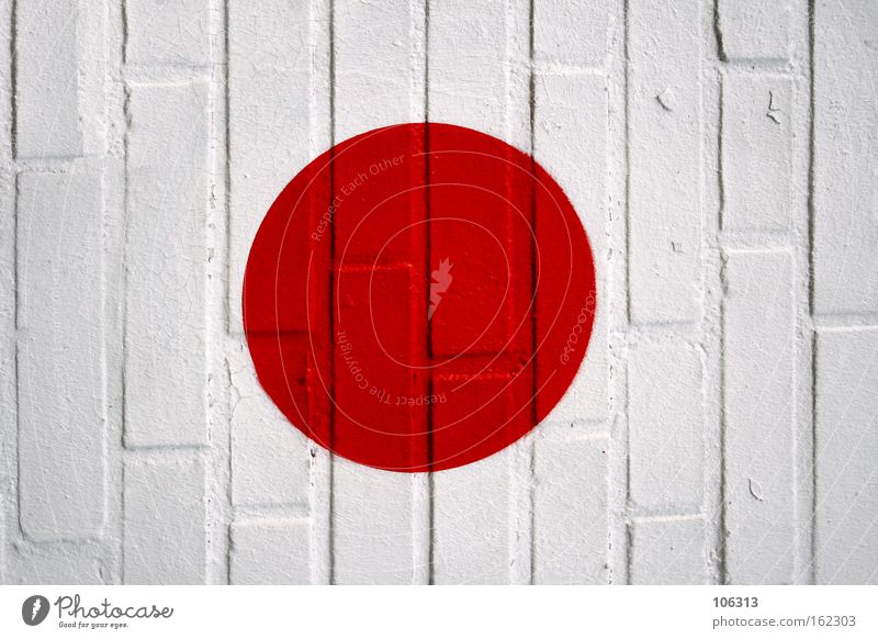 Fotonummer 117161 rot Kreis Wand Stein Fahne Japan Punkt Farbe Farbstoff Zeichen weiß rund Graffiti Wandmalereien