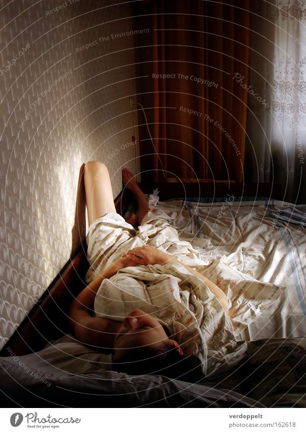 \+ Frau Licht Lichterscheinung Bett Morgen aufwachen träumen Bettlaken Schlafzimmer Innenarchitektur Mensch persönlicher Bereich natürliches Licht