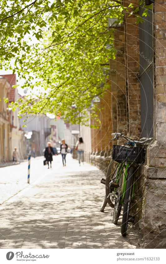 Fahrrad auf der Straße in Tallinn im Frühling. schön Erholung Tourismus Sommer Sonne 3 Mensch Pflanze Blatt Kleinstadt Stadt hell klein blau gelb grün Farbe