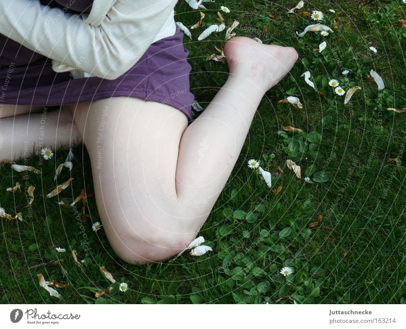 Schneeweißchen Frau Mädchen Beine Blüte Minirock Minikleid bleich sitzen hocken Knie Haut Sommer Zufriedenheit Beine Wiese Juttaschnecke nackt