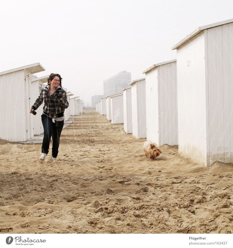 Auf der Zielgeraden Freude Glück Freiheit Strand Meer Mensch Jugendliche 1 Natur Sand Himmel Küste Nordsee Haus Strandhäuser Haustier Hund Tier rennen laufen