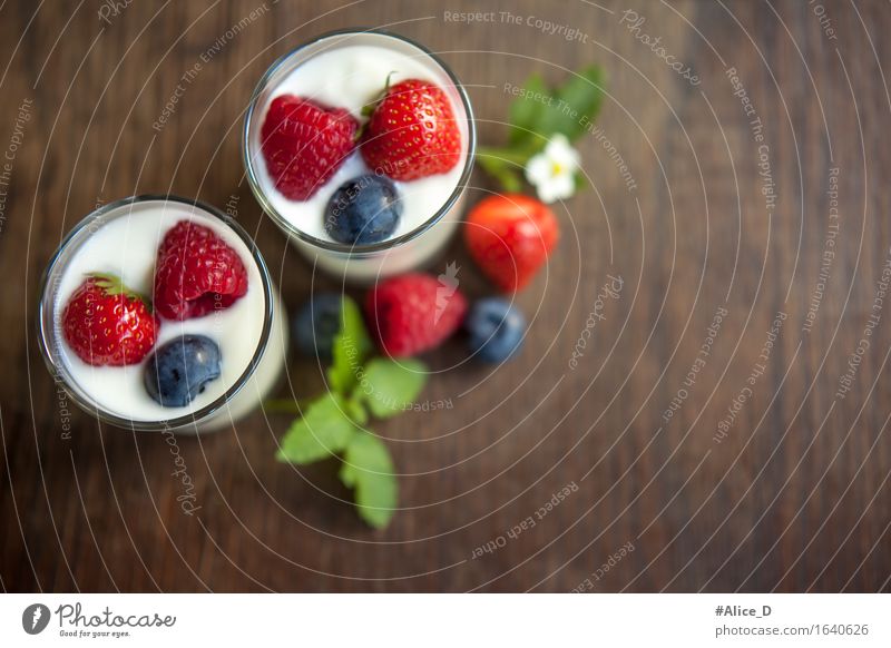 Naturjoghurt mit frischen Beeren Lebensmittel Joghurt Milcherzeugnisse Frucht Dessert Ernährung Frühstück Bioprodukte Vegetarische Ernährung Diät Becher Glas