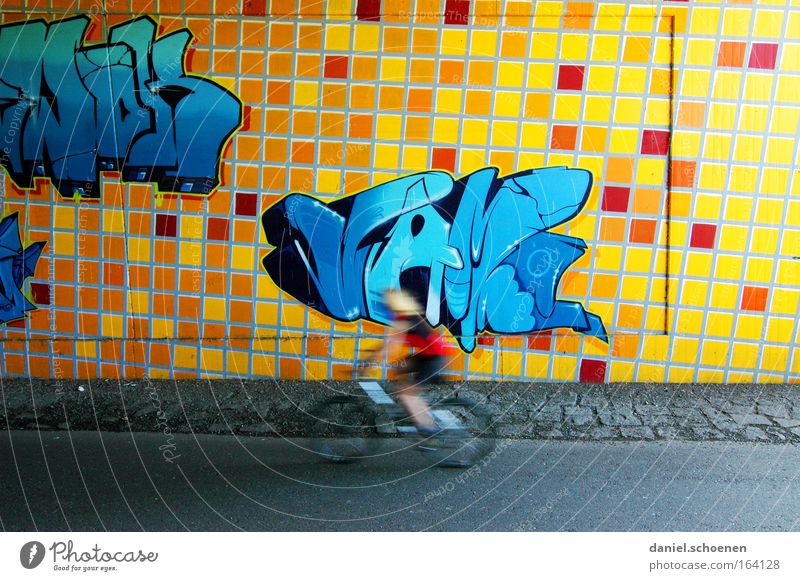 Graffiti Farbfoto mehrfarbig Außenaufnahme Textfreiraum oben Textfreiraum unten Tag Schatten Bewegungsunschärfe Totale Fahrrad Mensch 1 Gemälde Tunnel Mauer