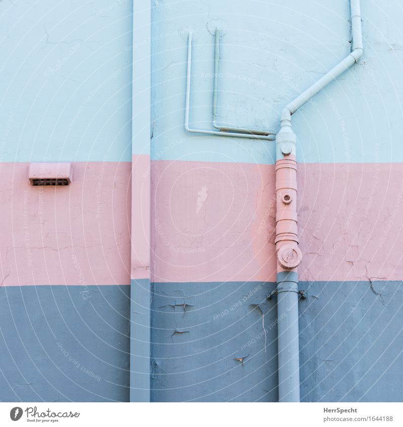 Kunst am Bau Haus Bauwerk Gebäude Mauer Wand Fassade Stadt verrückt blau rosa Streifen gestreift bemalt mehrfarbig Farbe Rohrleitung Abflussrohr Leitung