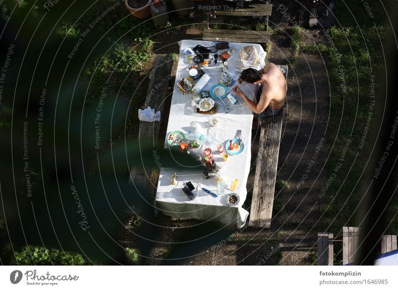 Blick von oben auf einen sommerlich gedeckten Gartentisch, an dem ein junger Mann sitzt Erholung Freizeit & Hobby Tisch Essen Grillsaison Grillen Junger Mann